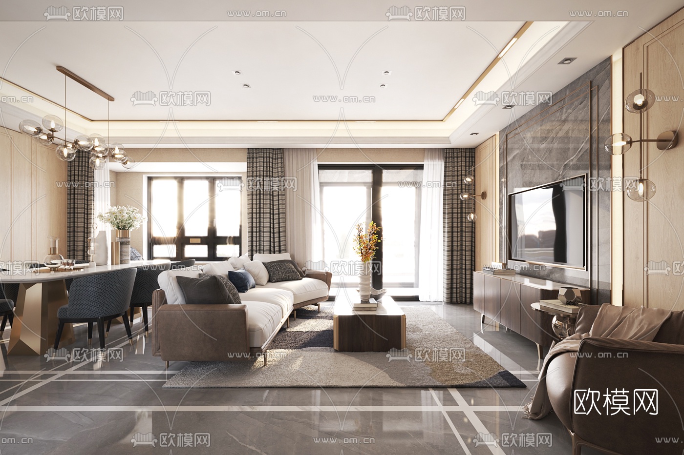 奥迅设计 现代轻奢客厅餐厅3d模型