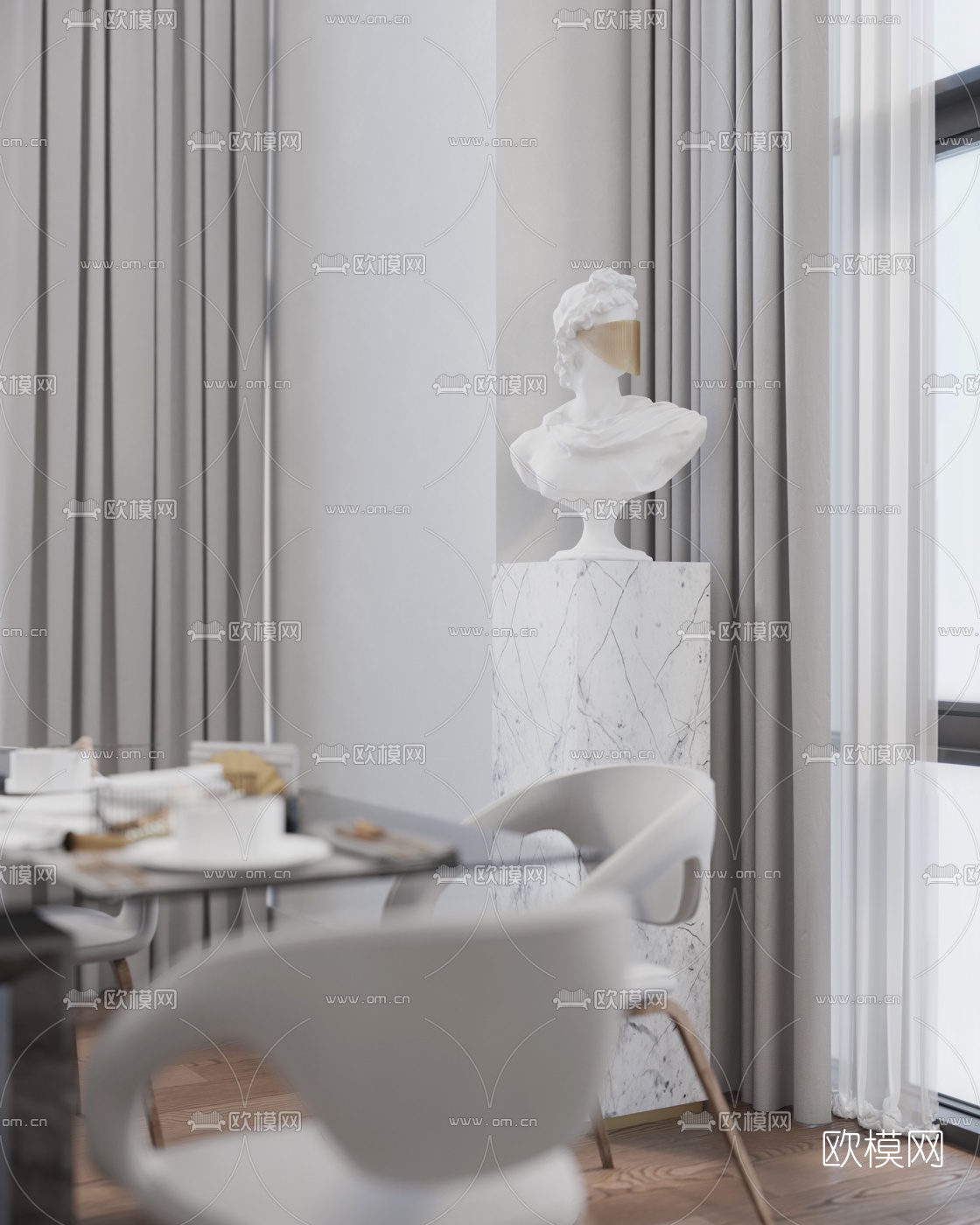 现代条形餐桌椅3d模型