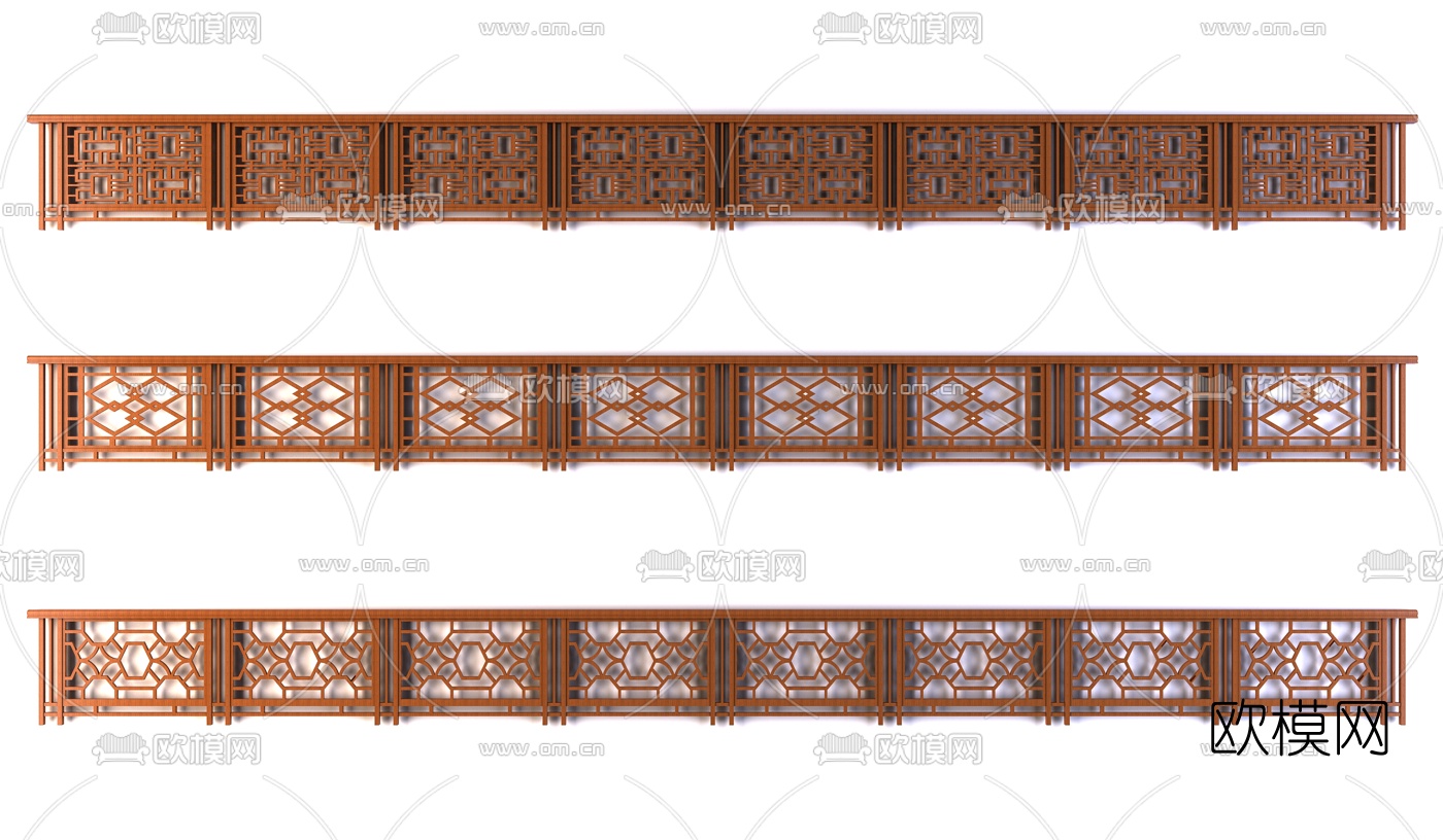 中式花格实木栏杆3d模型下载