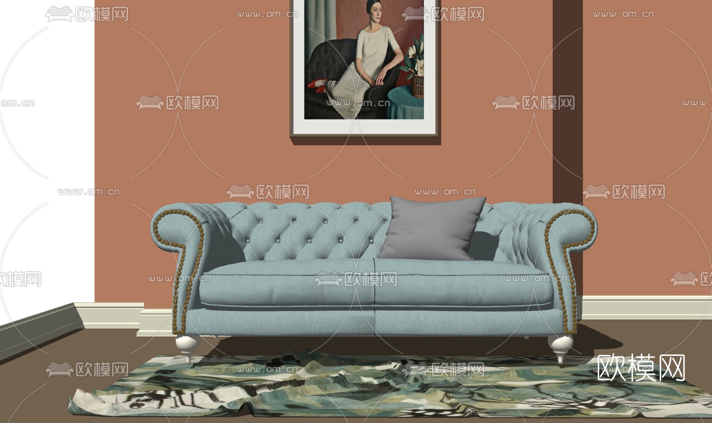 简欧布艺双人沙发su模型下载