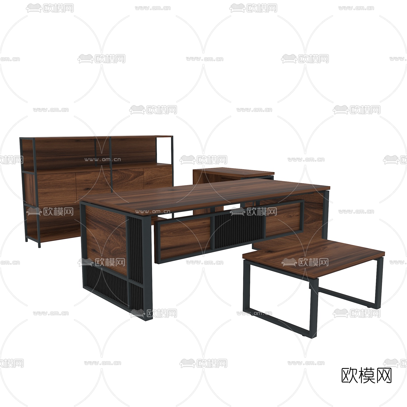 工业风原木办公桌椅班台免费3d模型下载（渲染图1）