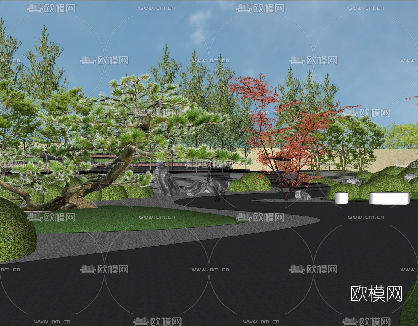 新中式小区景观免费su模型下载（渲染图3）