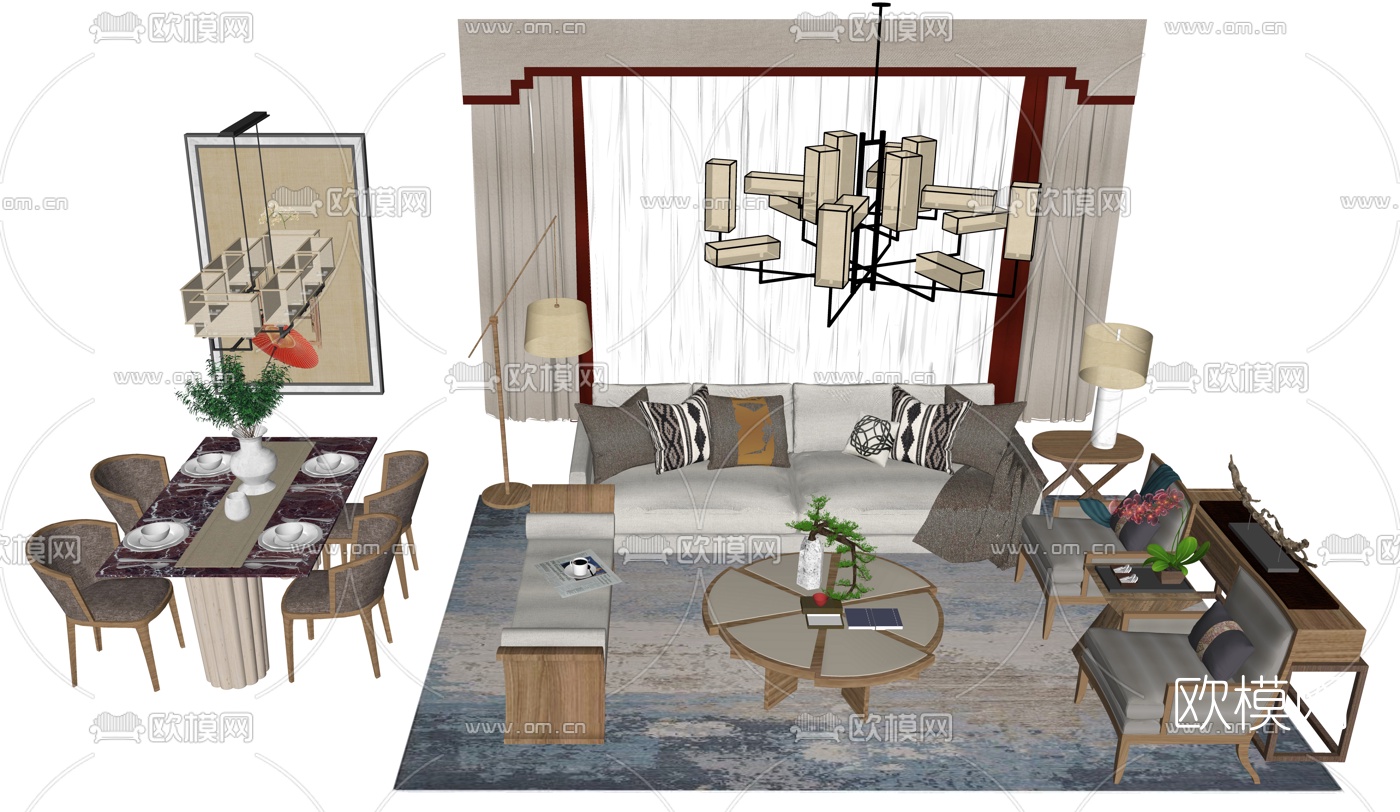 新中式沙发组合su模型下载