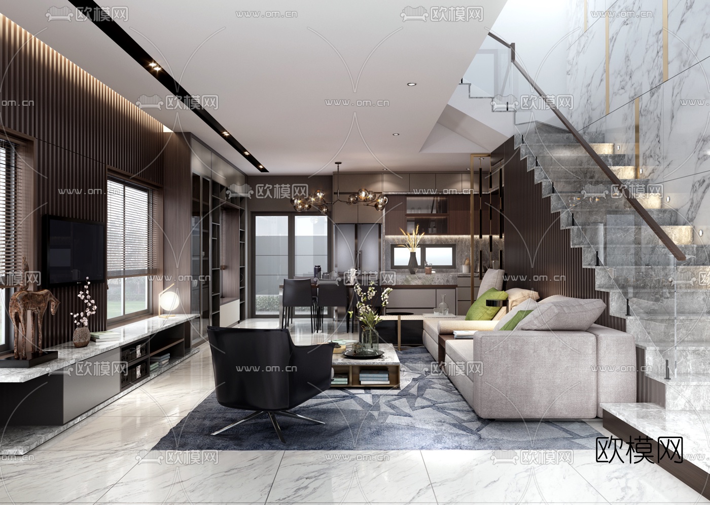 Tung Le设计 现代复式客厅餐厅3d模型