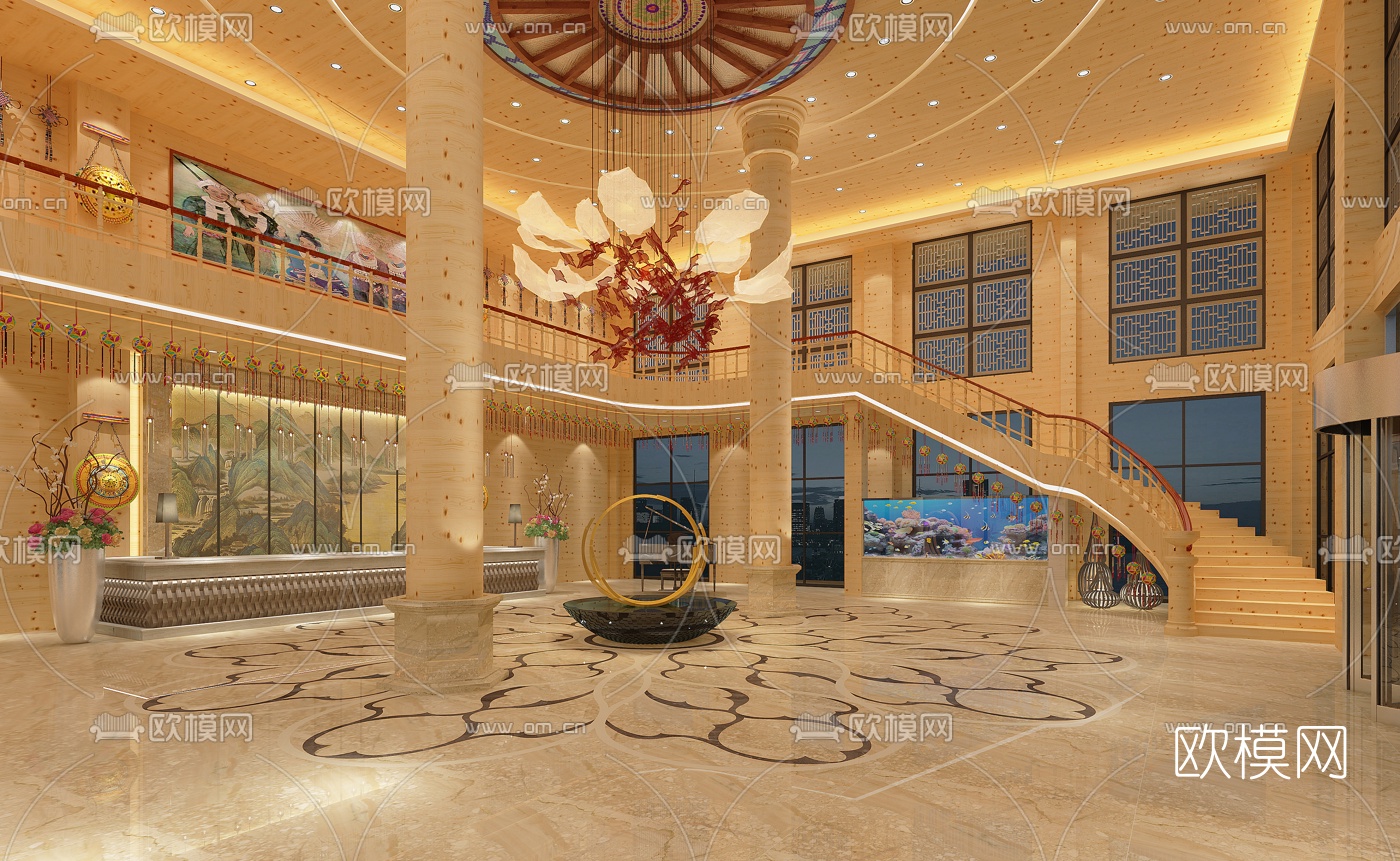 新中式酒店前台大堂免费3d模型下载（渲染图3）