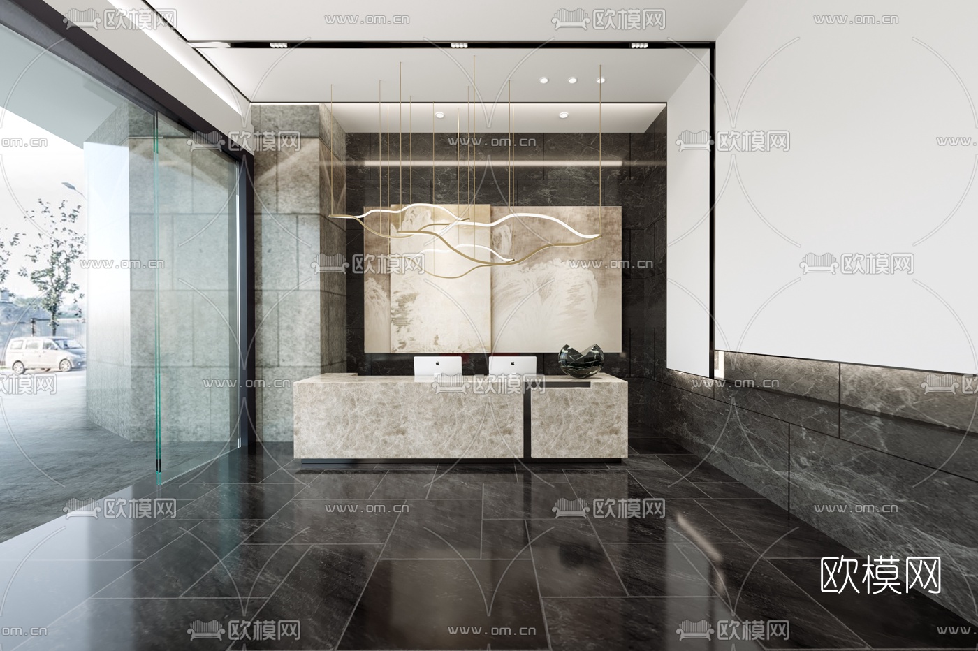 HWCD设计 现代售楼处前台3d模型下载（渲染图1）