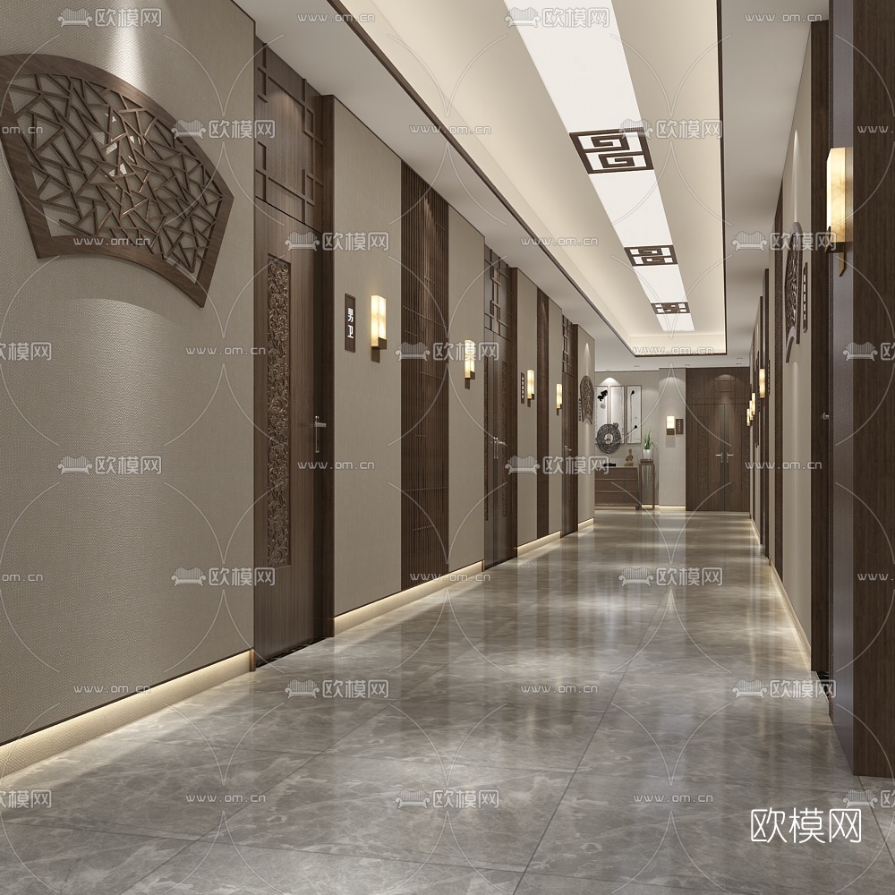 新中式医院走廊过道免费3d模型