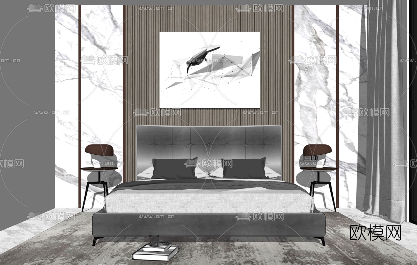 现代布艺双人床su模型