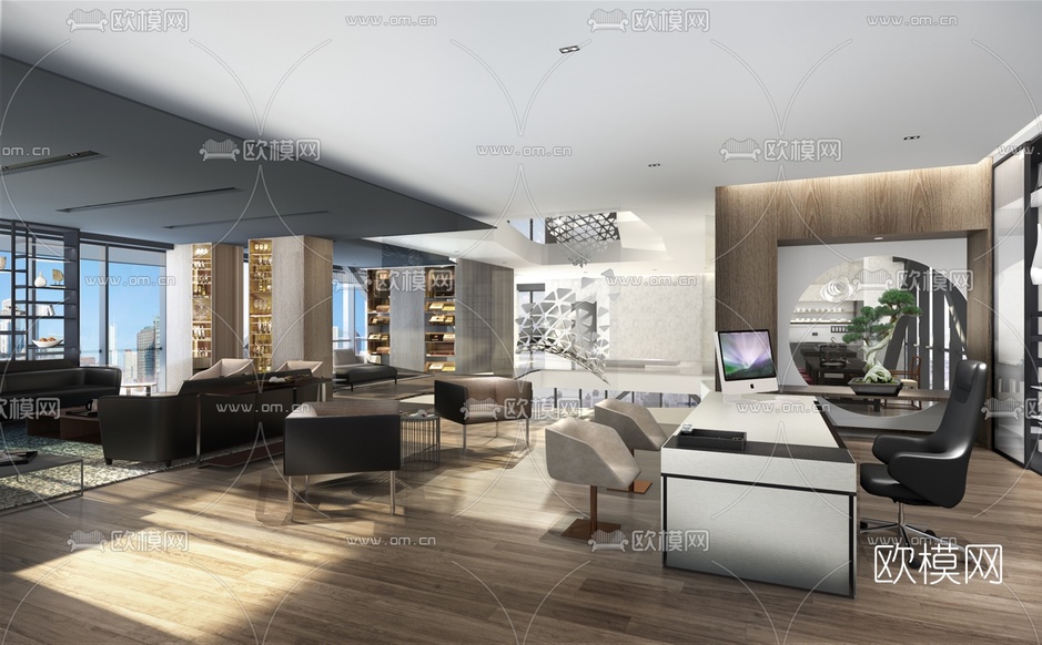 现代总经理室品茶区3d模型下载(渲染图1)