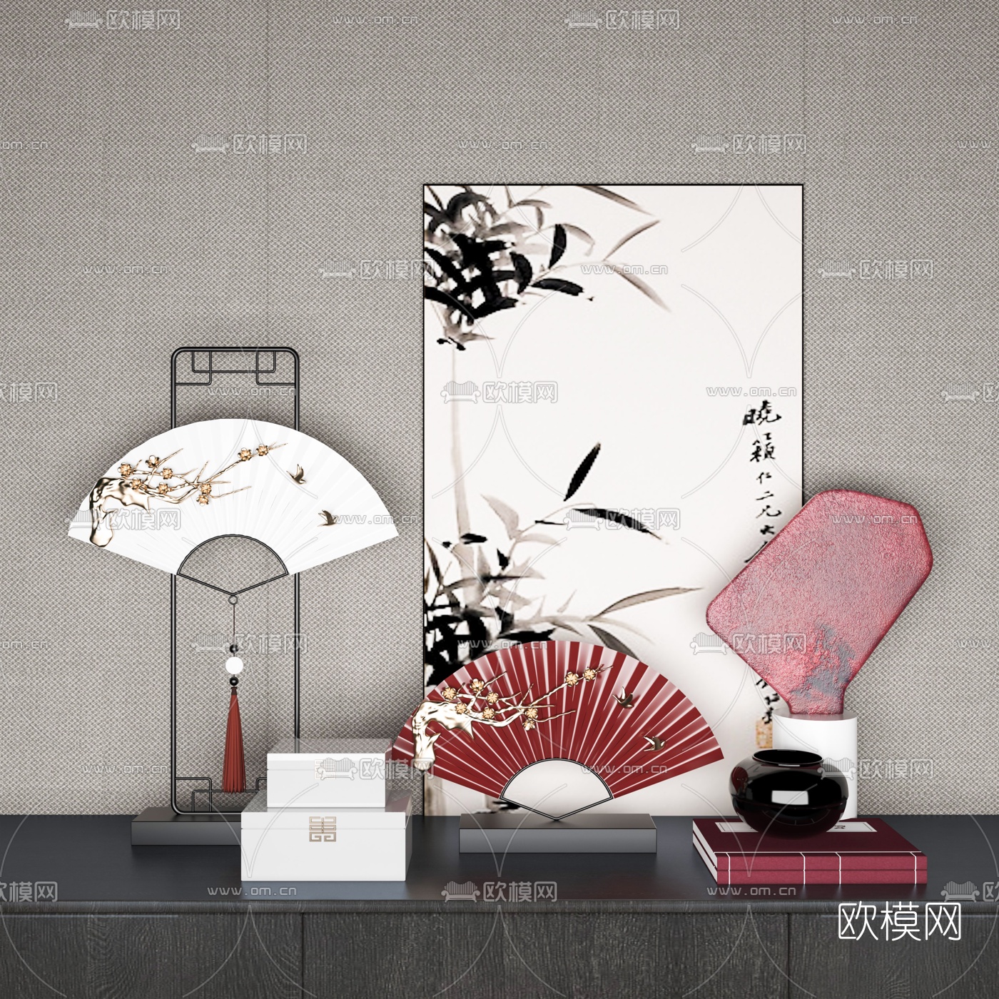 新中式书籍扇子摆件组合3d模型