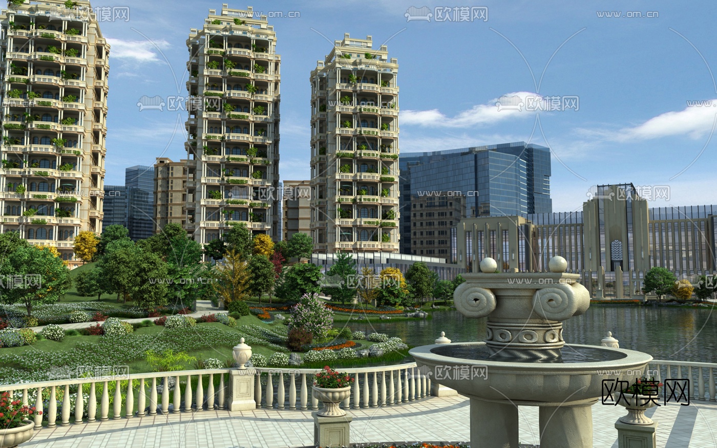 现代水边花园住宅楼园林景观3d模型