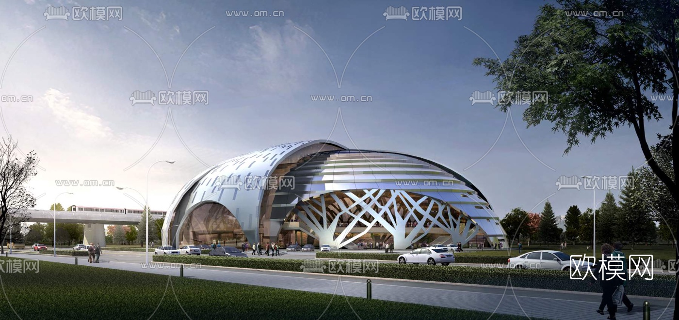 现代体育馆外观夜景3d模型