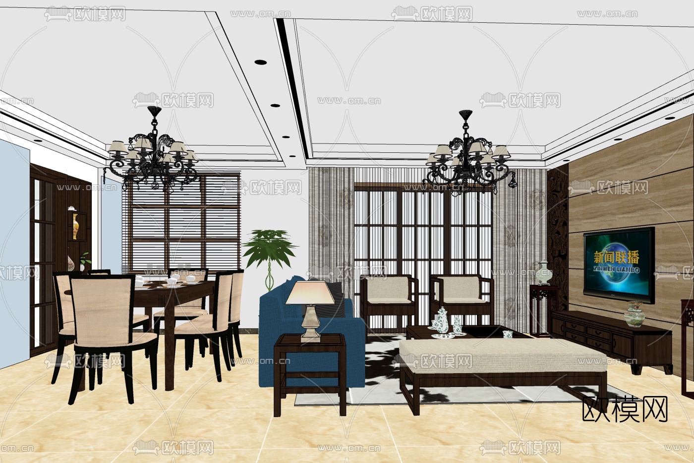 欧式客厅餐厅免费su模型下载