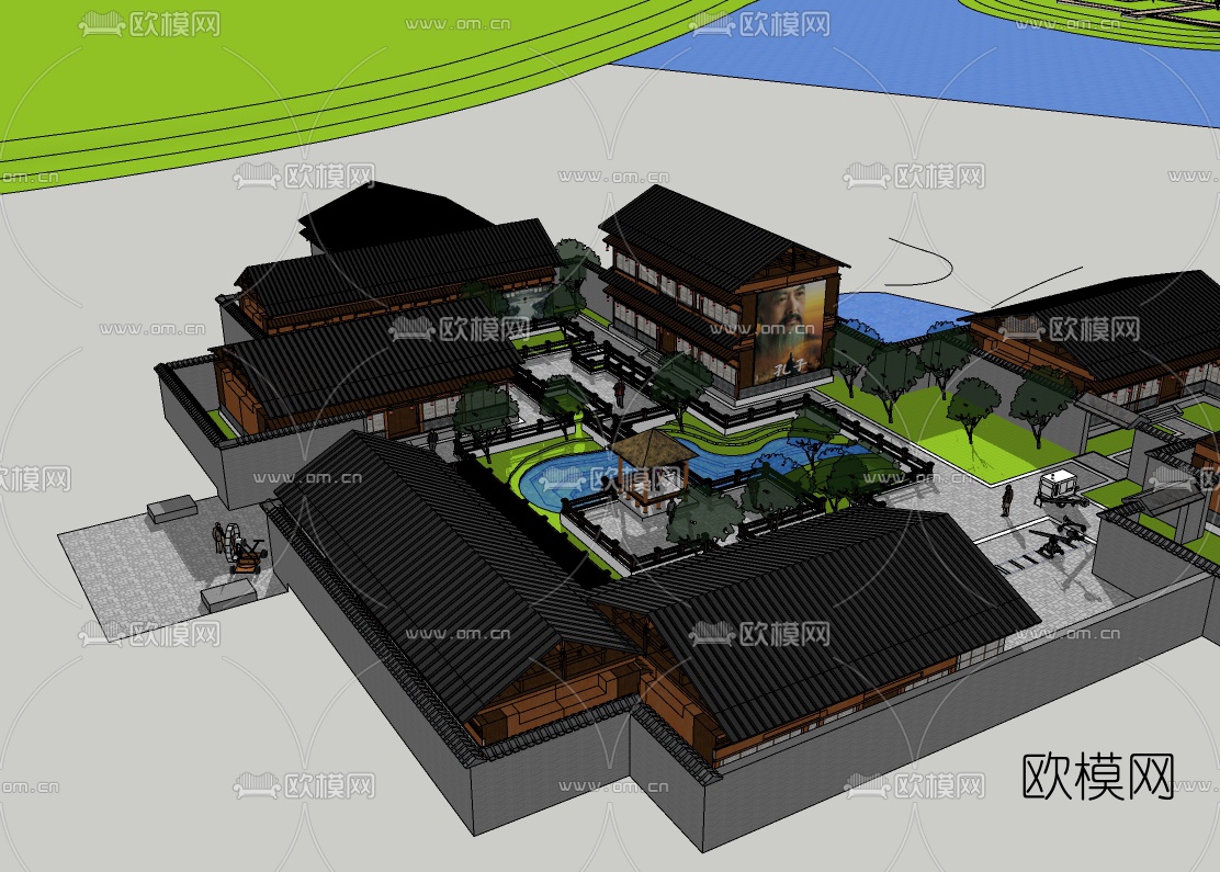 中式商业街鸟瞰规划免费su模型下载