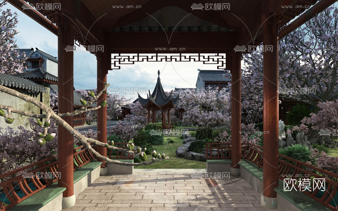 中式桃花园林景观3d模型