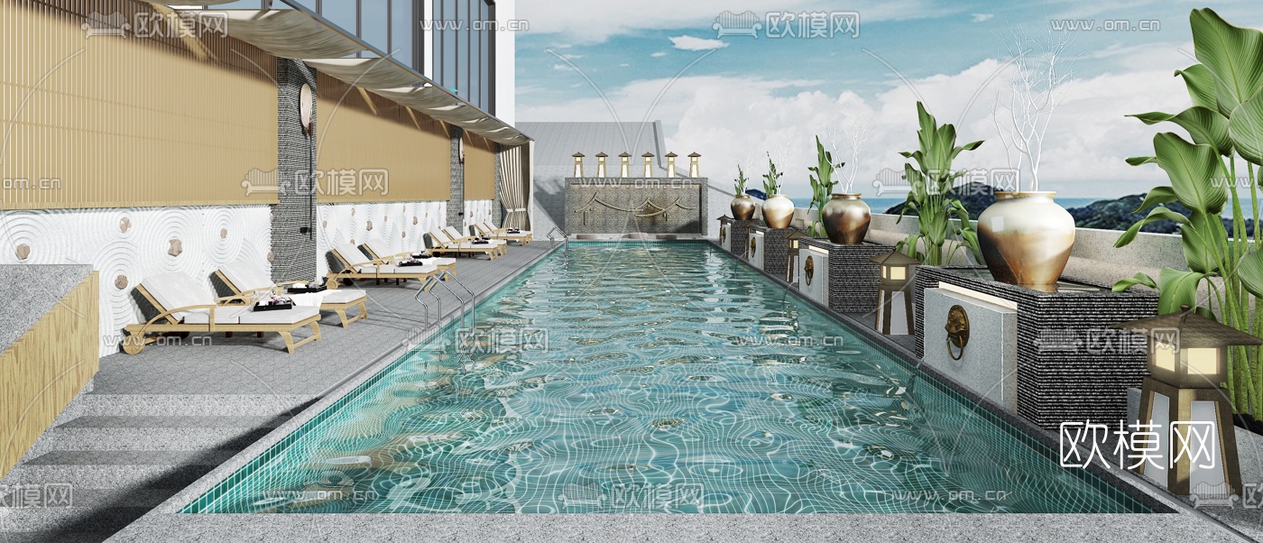 新中式酒店游泳池3d模型