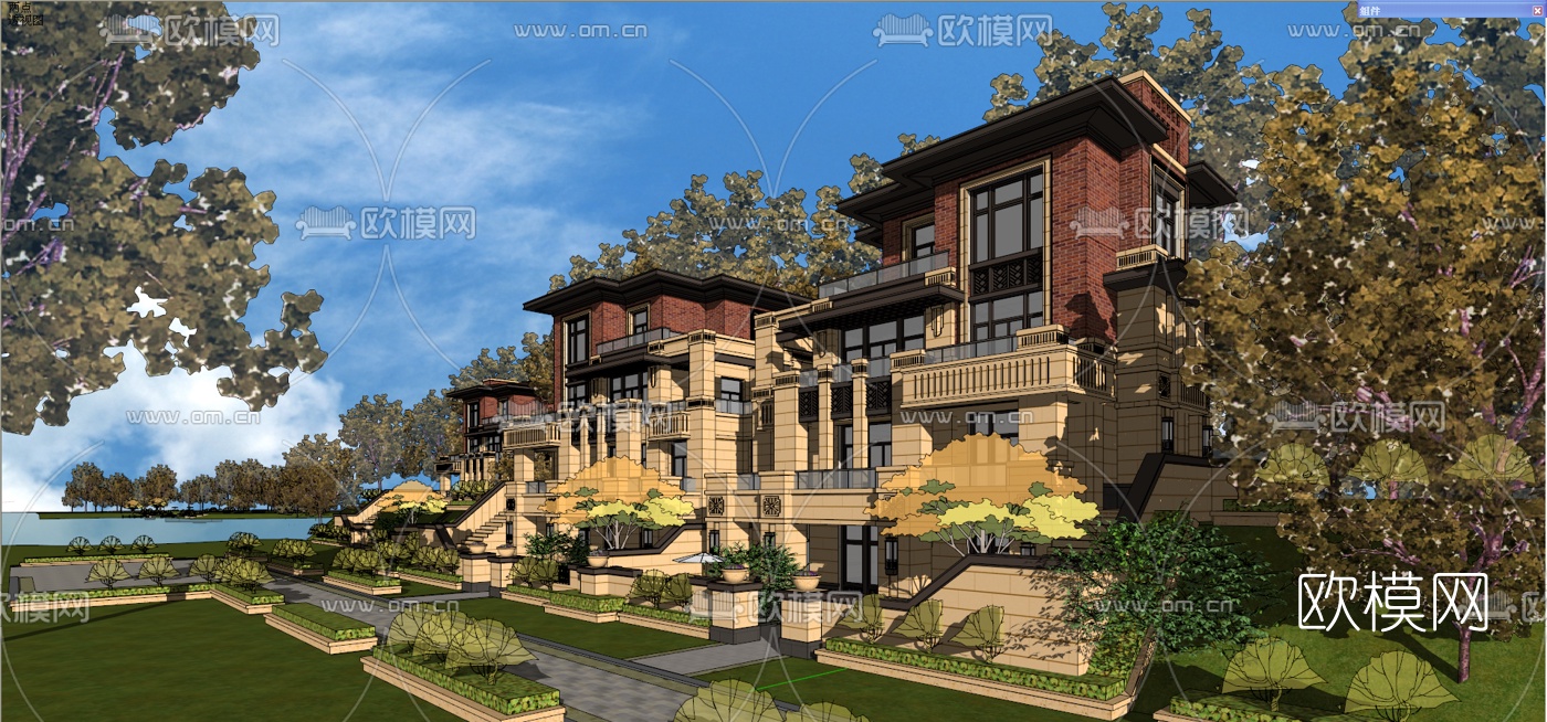新古典连排别墅免费su模型下载（渲染图2）