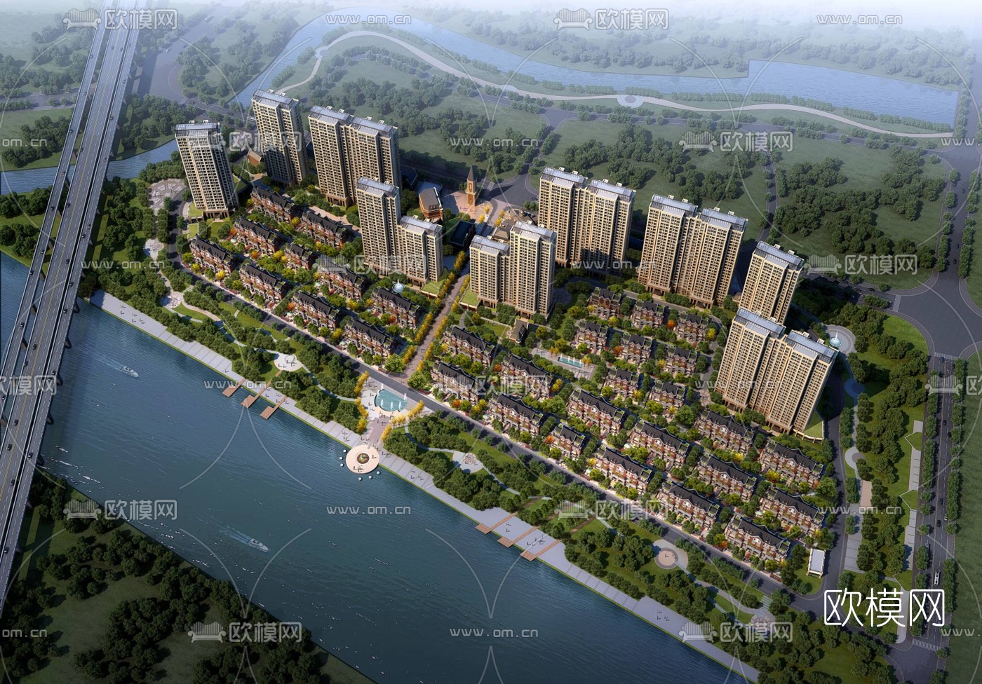 欧式住宅小区鸟瞰3d模型下载（渲染图1）