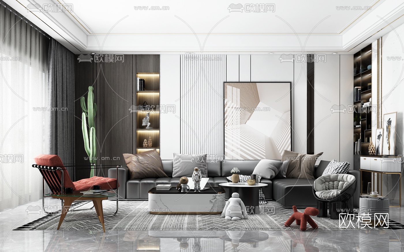 现代皮革转角沙发组合3d模型下载