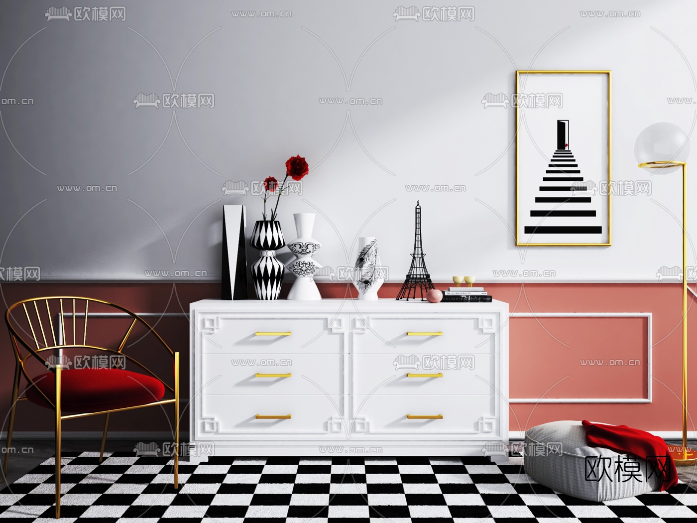 后现代白色烤漆边柜3d模型下载