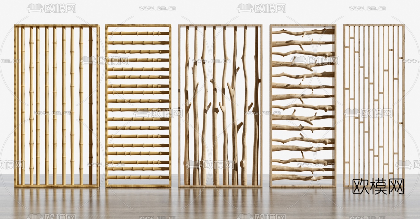 自然风原木竹子屏风隔断3d模型下载