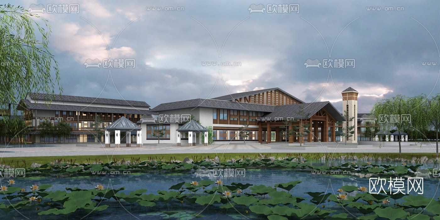 中式古建酒店建筑外观3d模型下载