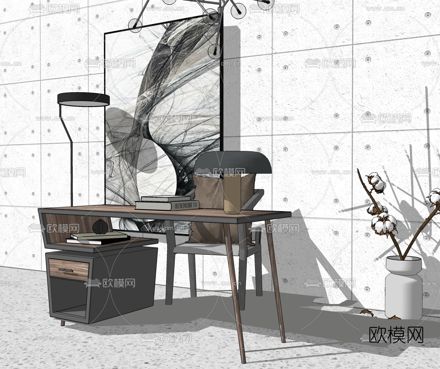 现代实木书桌椅su模型下载（渲染图2）