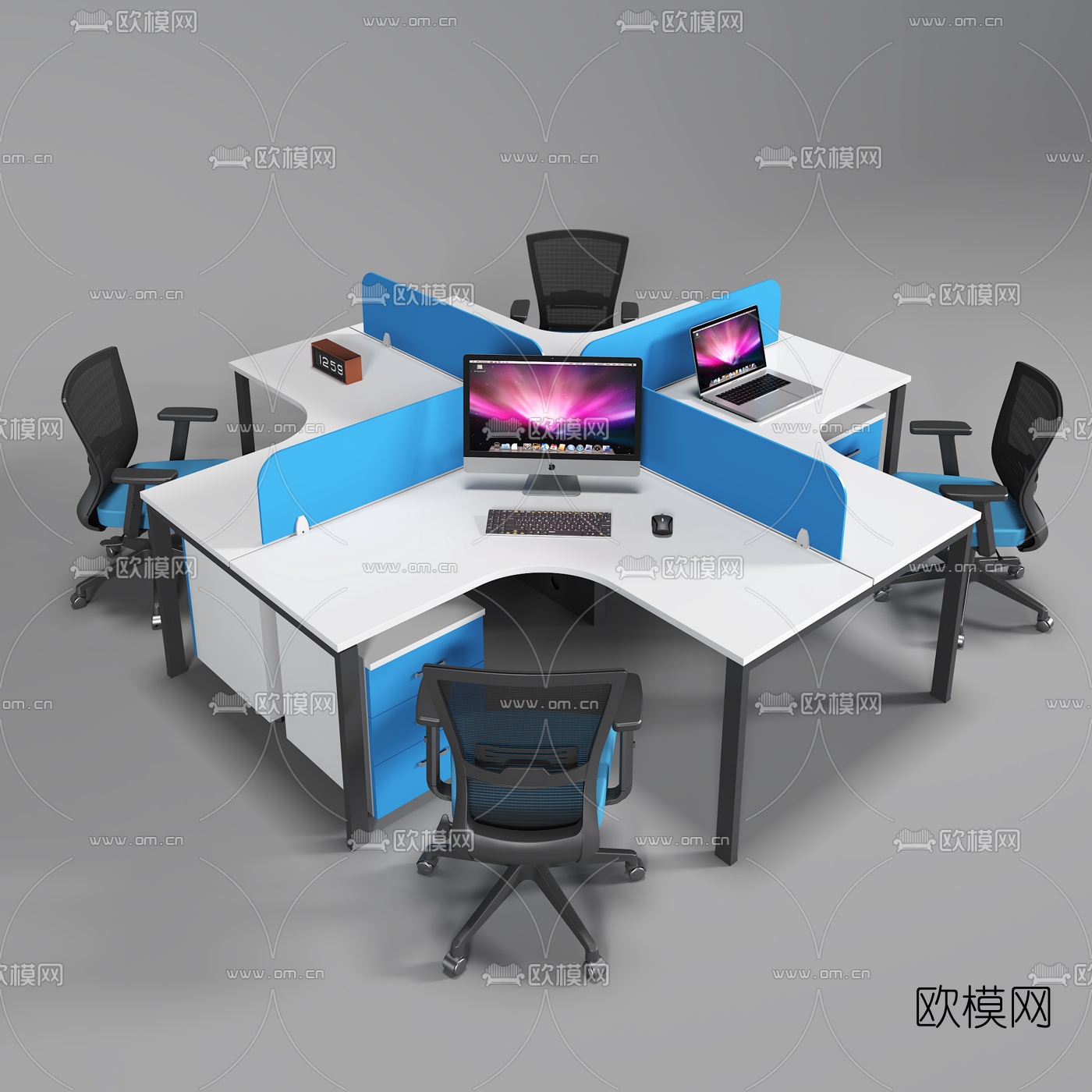 现代办公桌椅卡位3d模型下载（渲染图1）