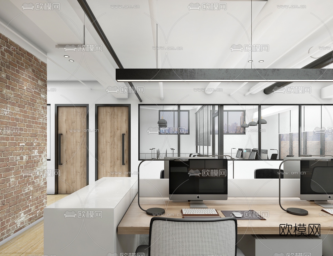 工业风开放式办公区3d模型下载（渲染图3）