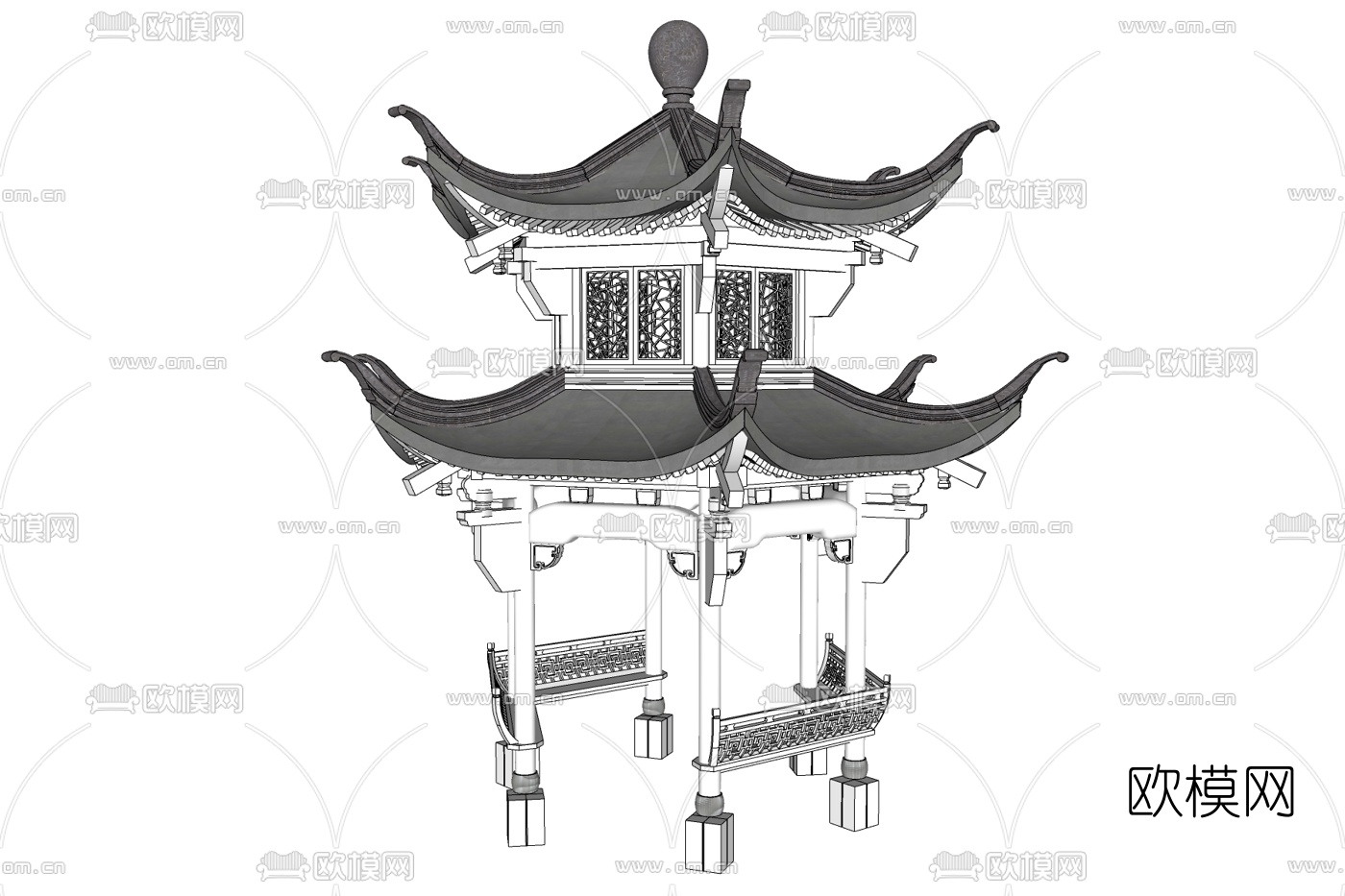 中式重檐六角亭免费su模型下载