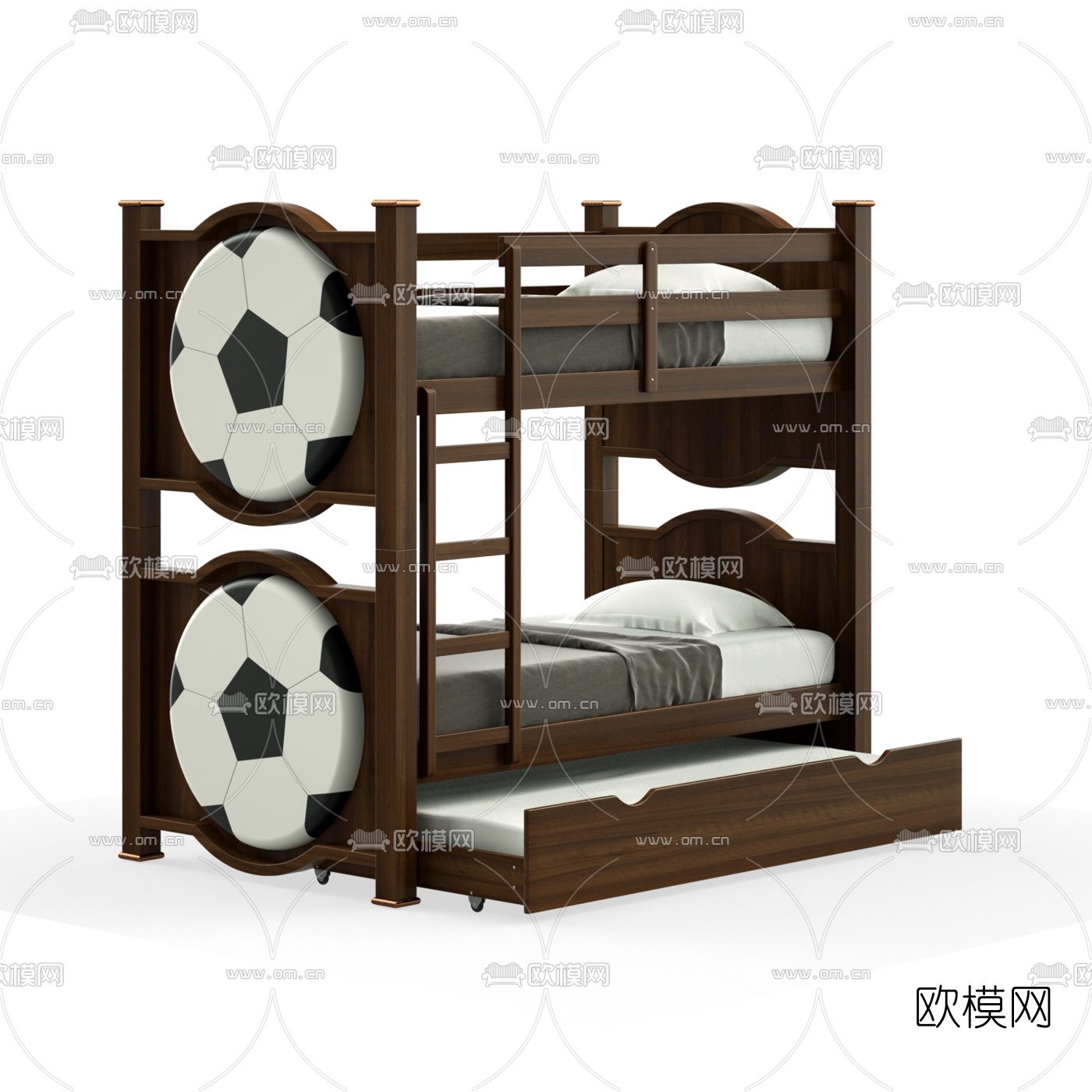 美式实木上下铺儿童床3d模型下载（渲染图2）