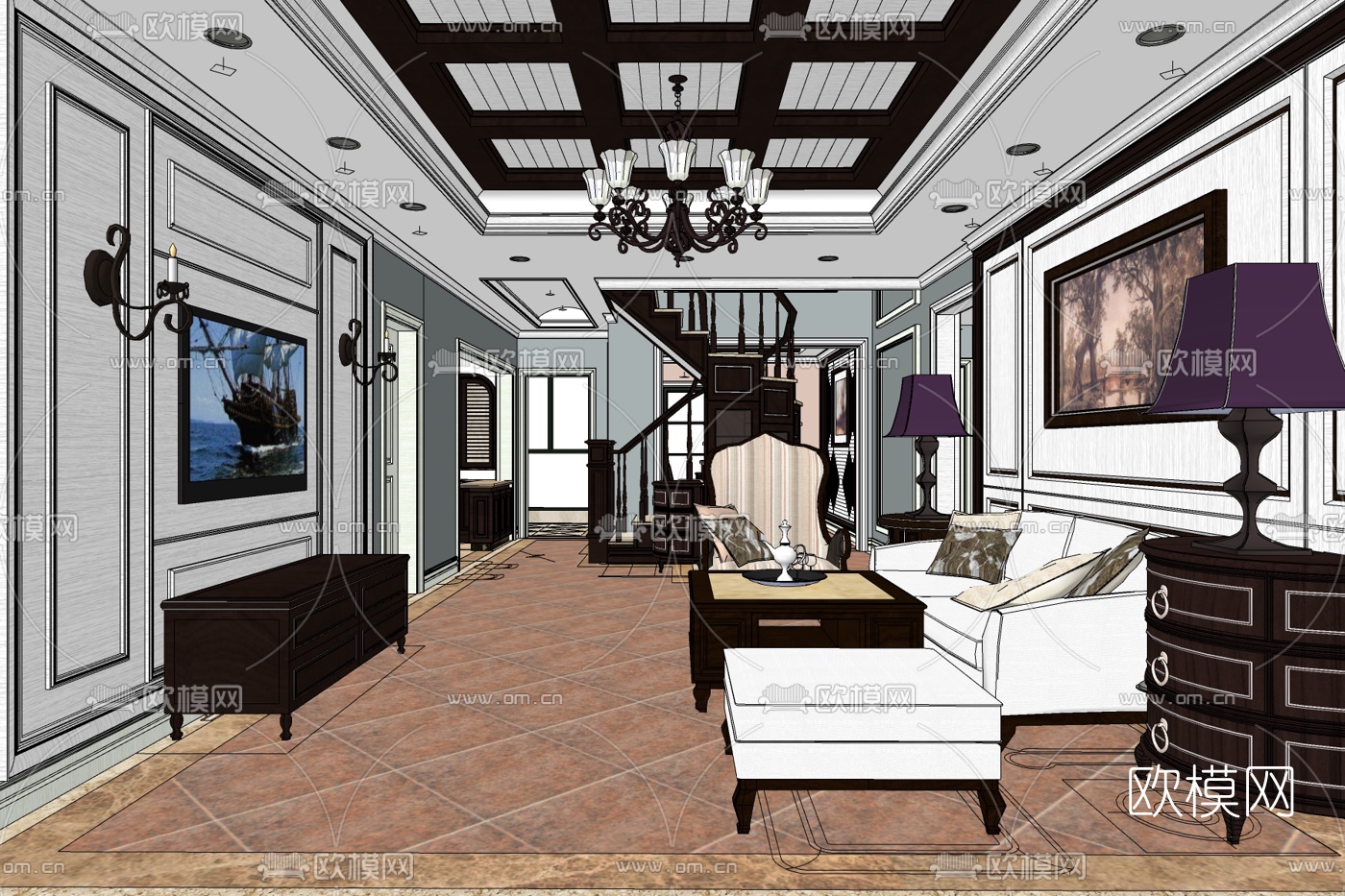 欧式客厅su模型下载