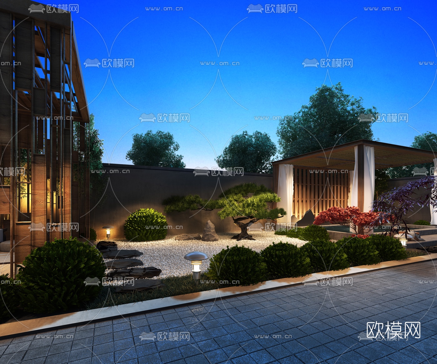 新中式庭院花园夜景3d模型下载（渲染图3）
