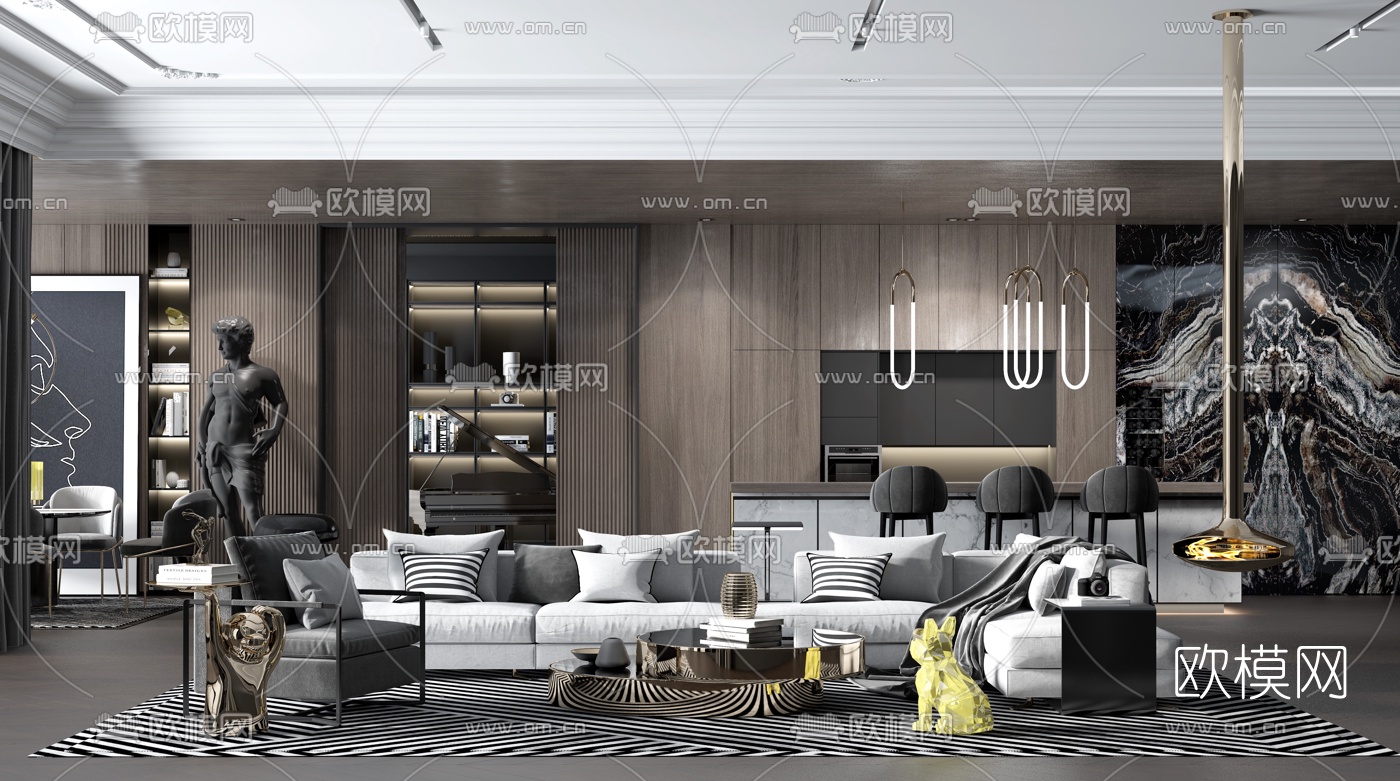 现代轻奢客厅餐厅3d模型