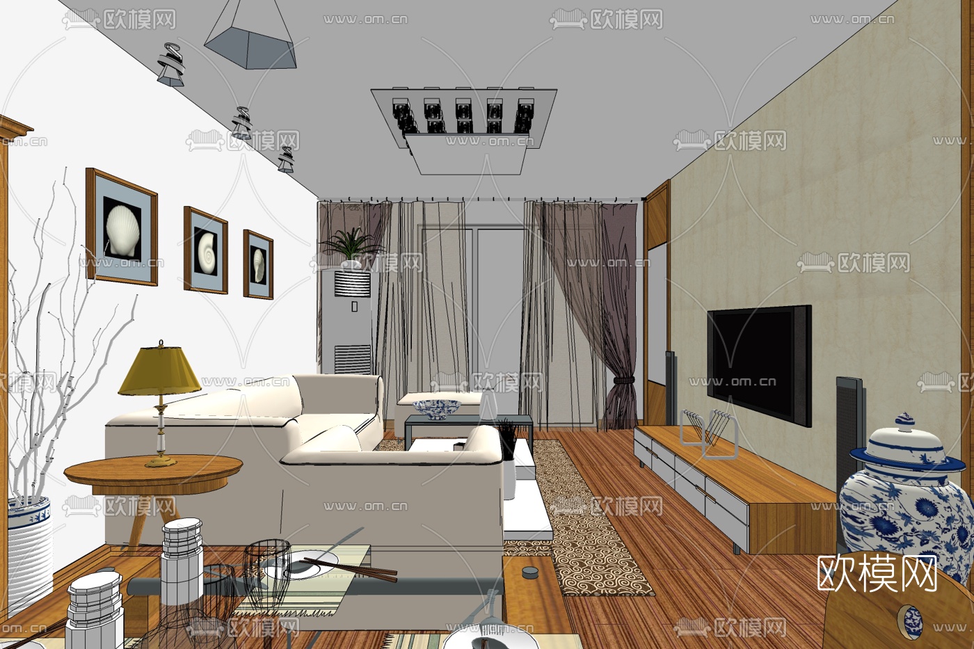 新中式客厅免费su模型下载
