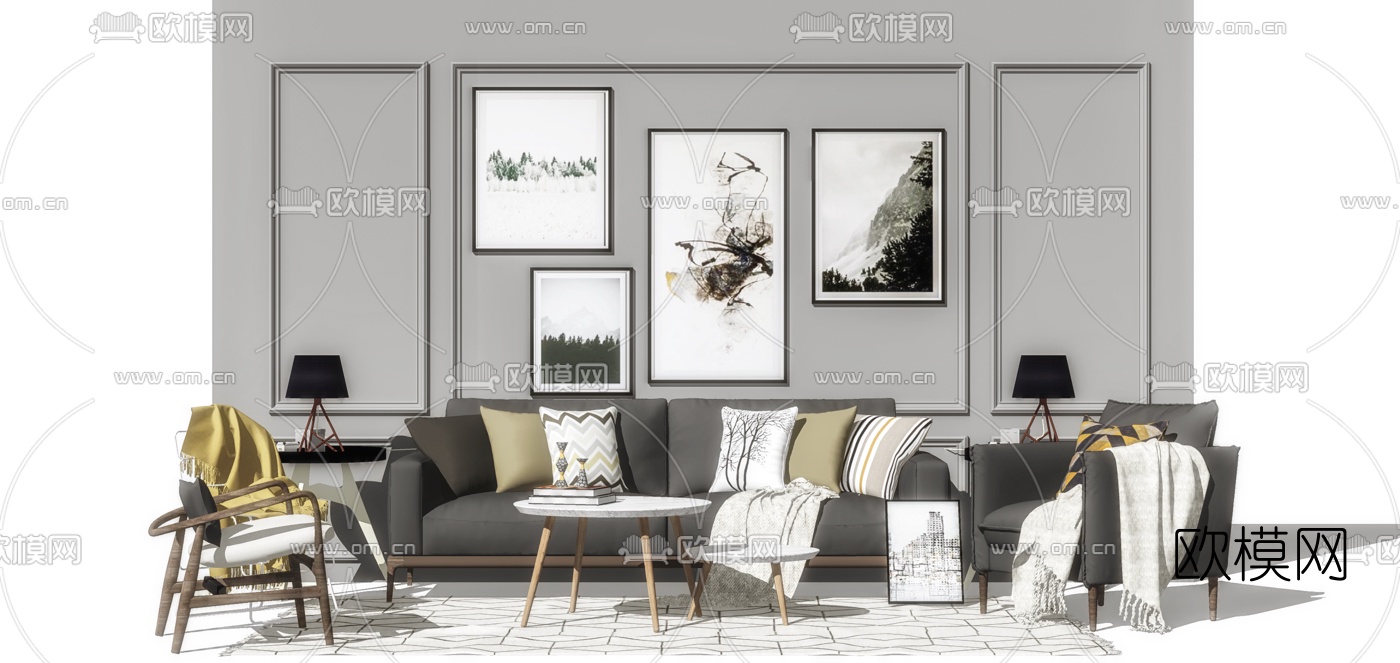 北欧布艺组合沙发su模型下载