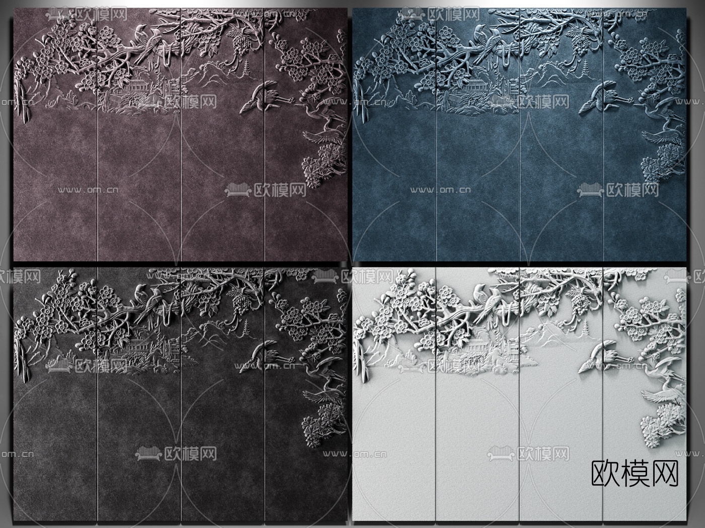 新中式花鸟雕花硬软包3d模型下载
