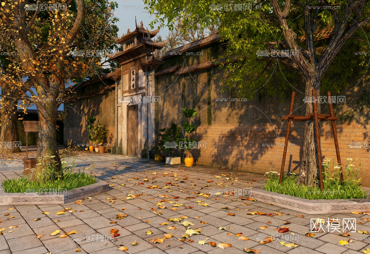 中式寒山寺院门面门头3d模型下载（渲染图4）