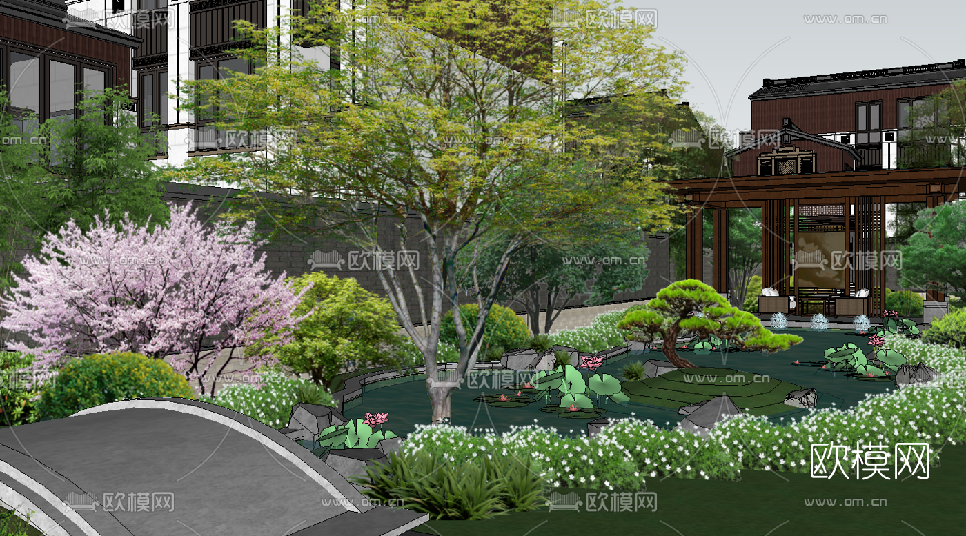 新中式别墅庭院景观su模型下载（渲染图4）