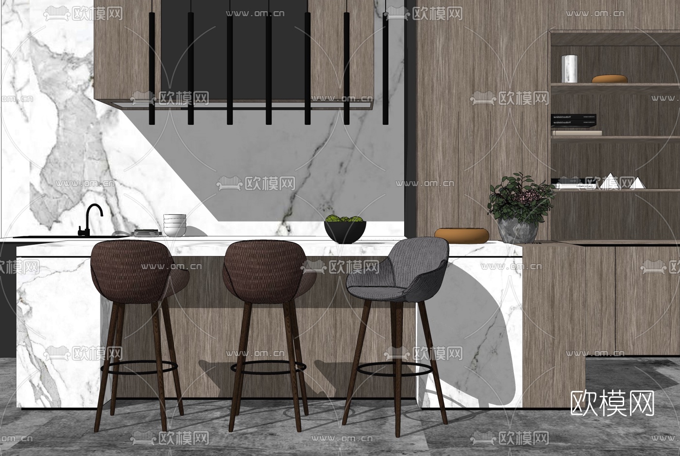 现代吧台吧椅橱柜组合su模型下载