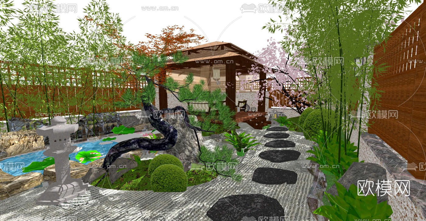 日式庭院花园su模型下载（渲染图1）