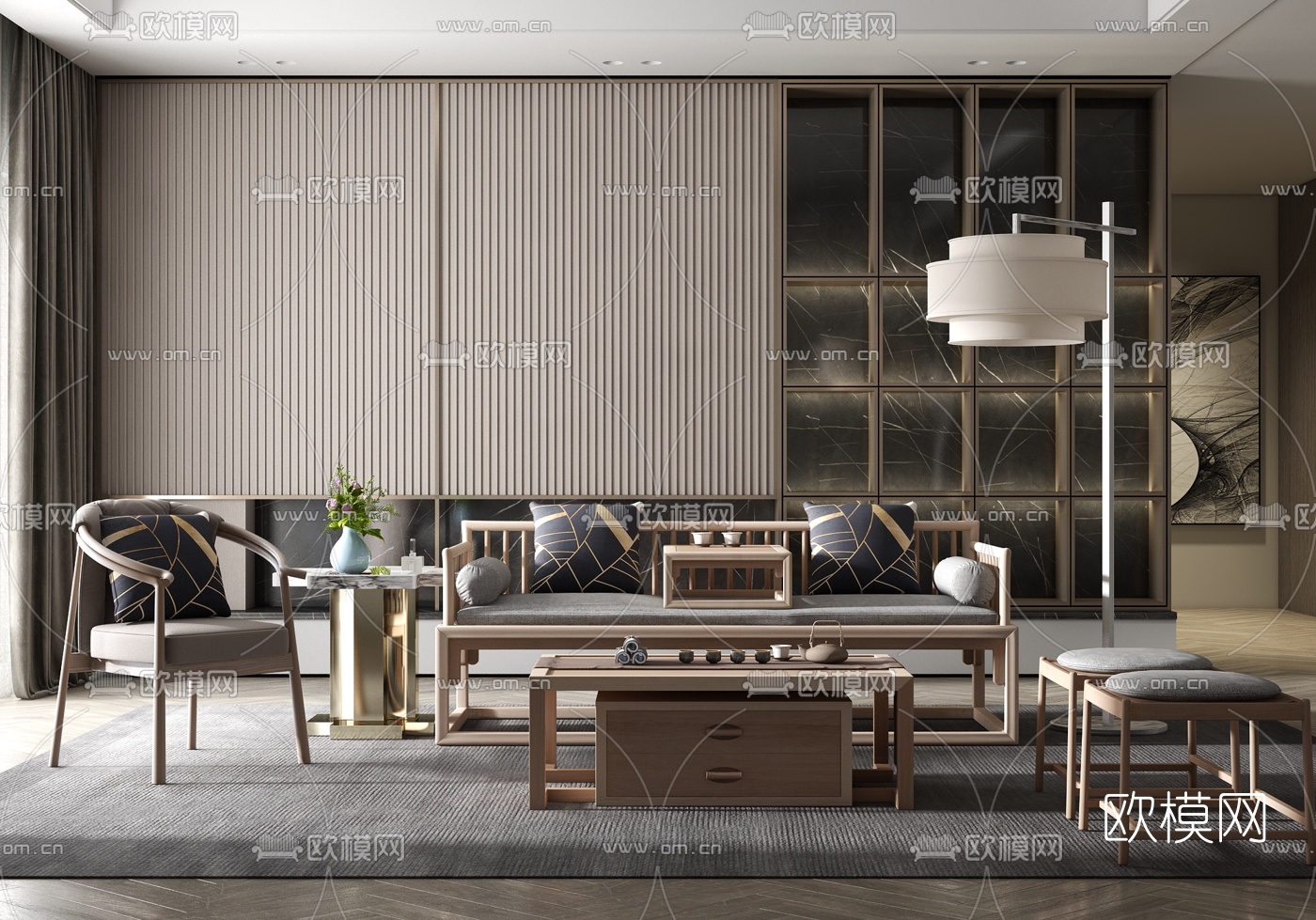 新中式布艺沙发组合3d模型下载