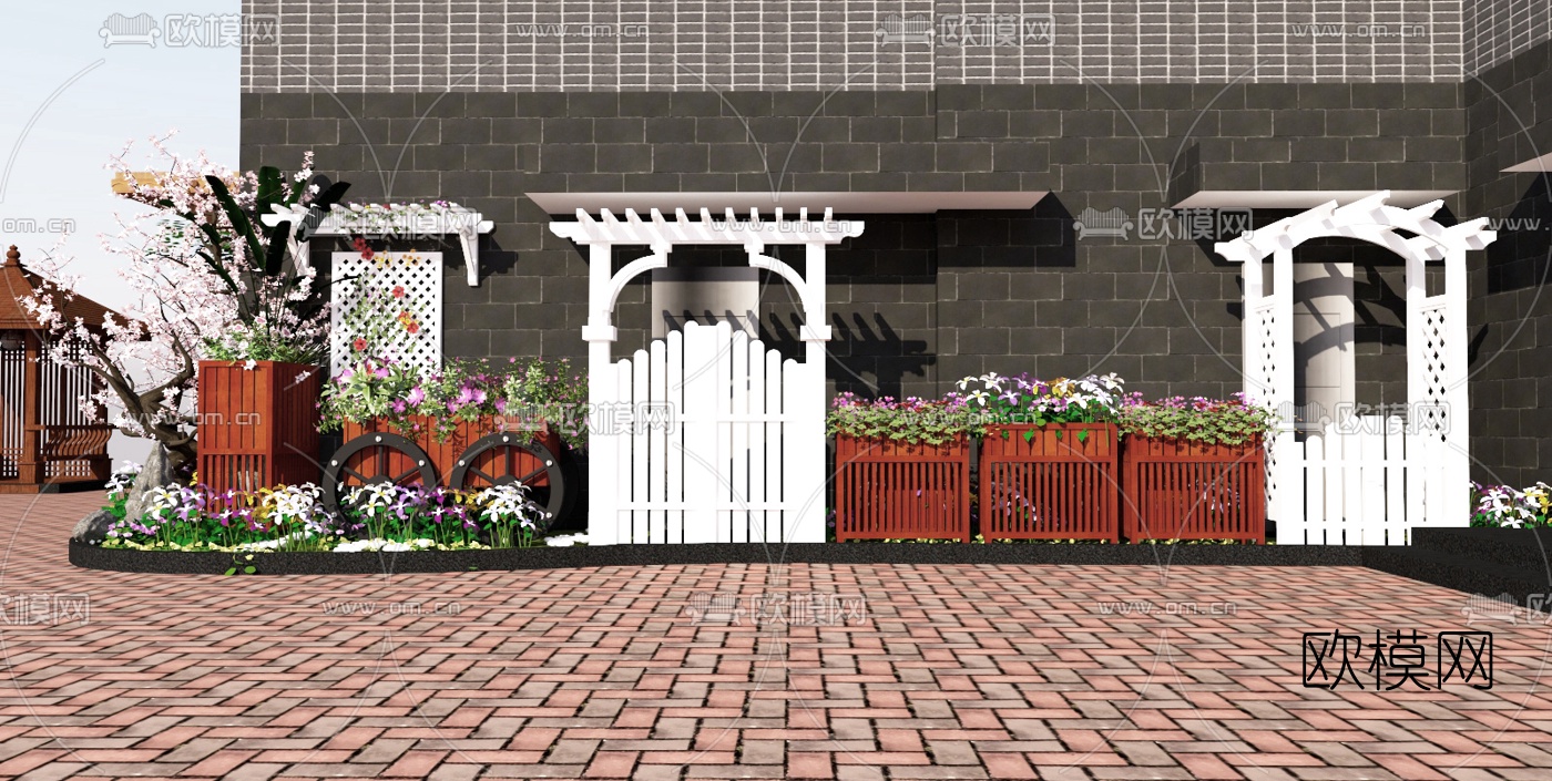 新中式门头庭院景观su模型下载（渲染图2）