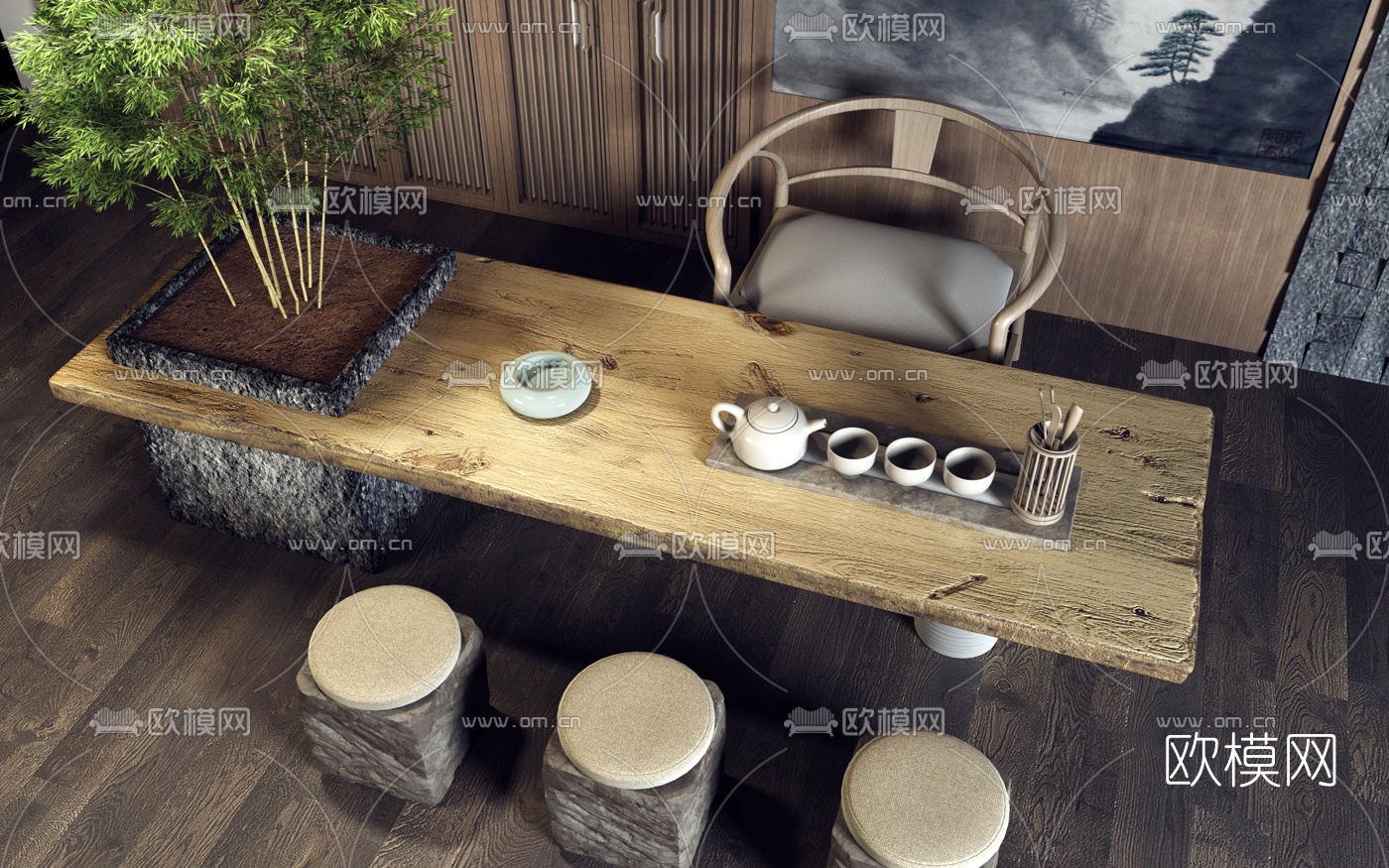 新中式实木茶桌椅3d模型