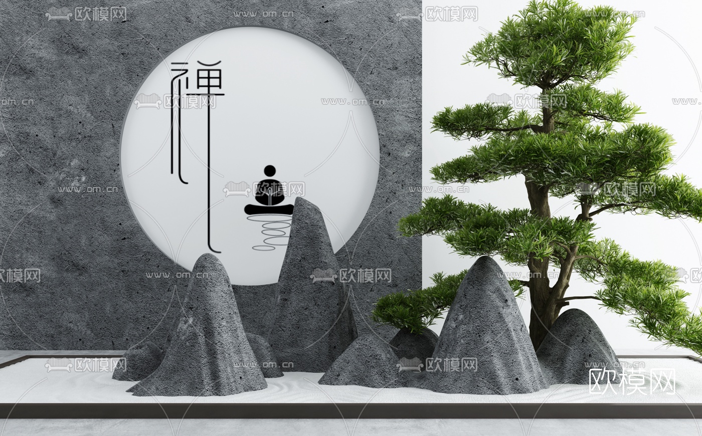 新中式松树假山园艺小品3d模型