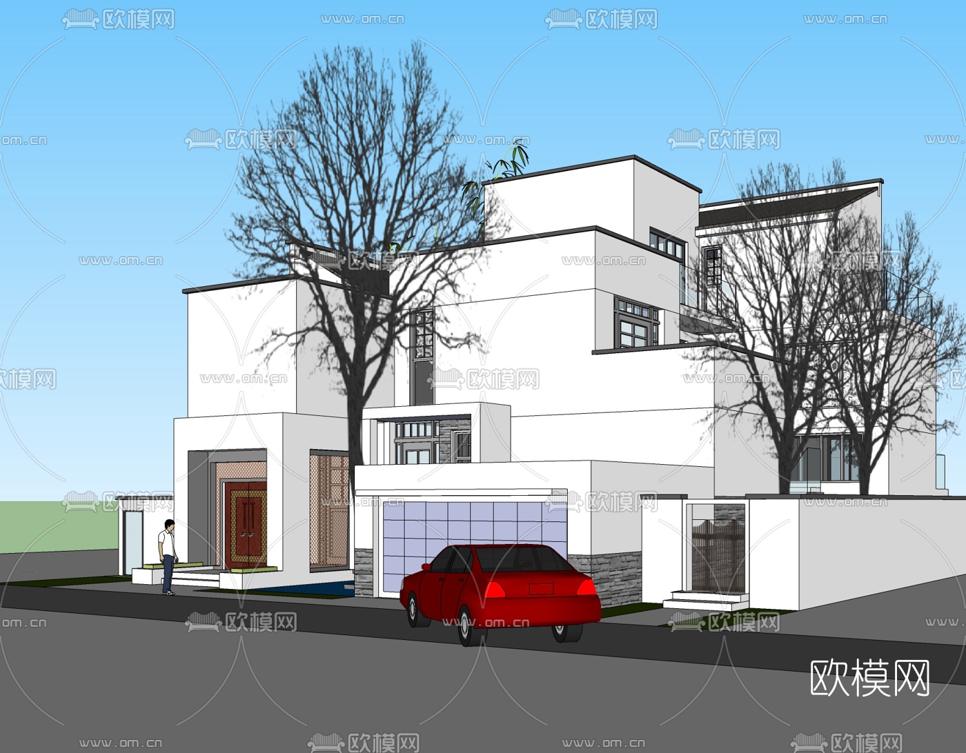 新中式独栋别墅免费su模型下载