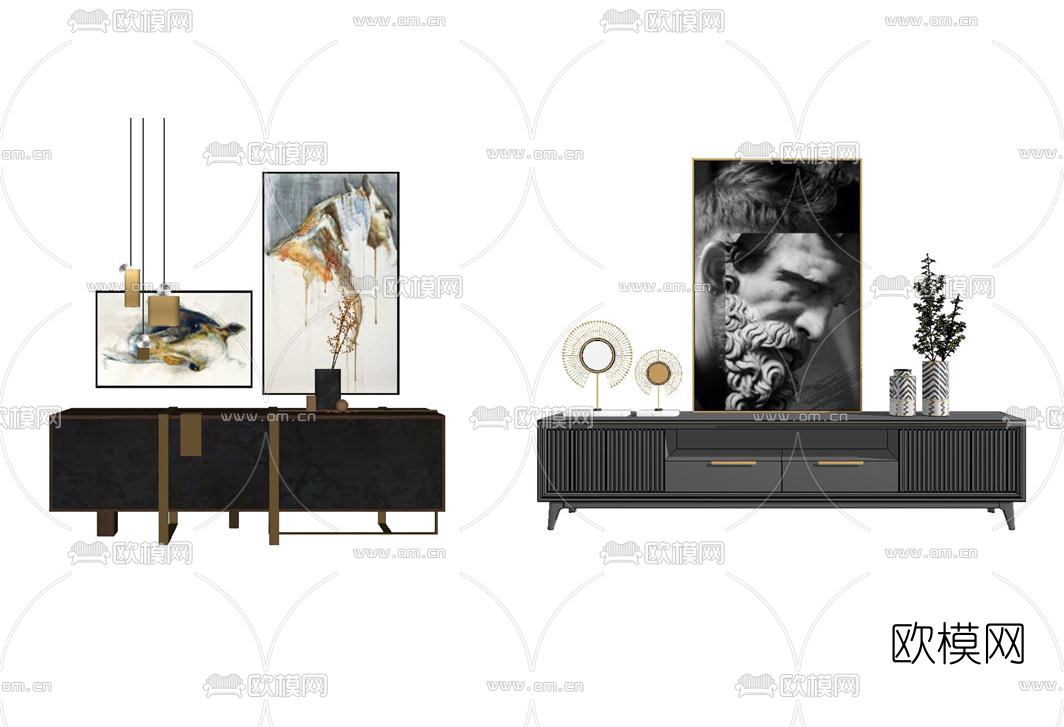 现代轻奢电视柜组合su模型下载