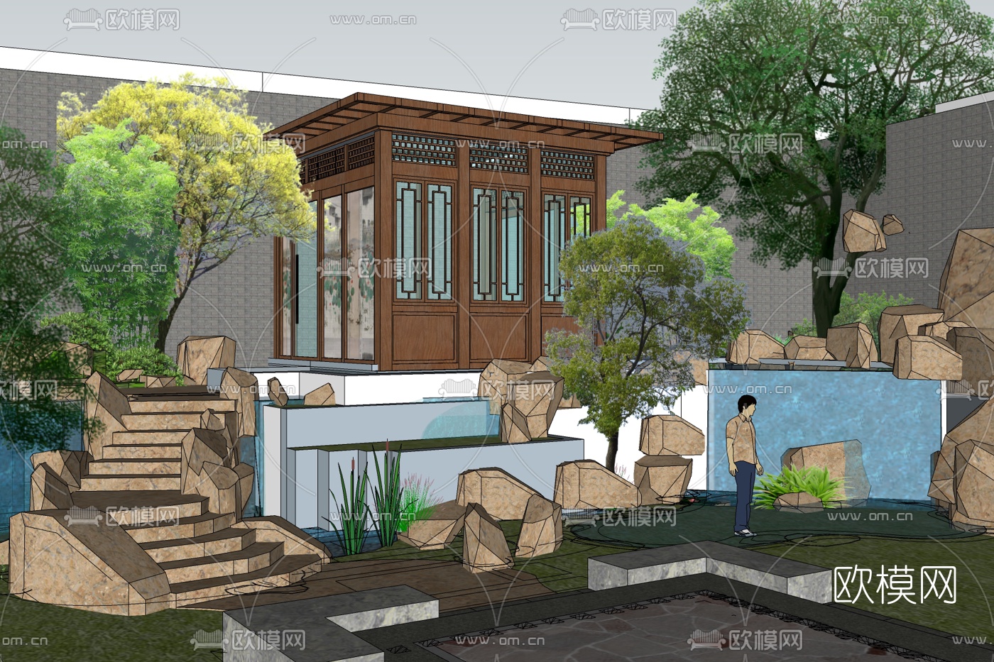 中式庭院花园景观免费su模型下载