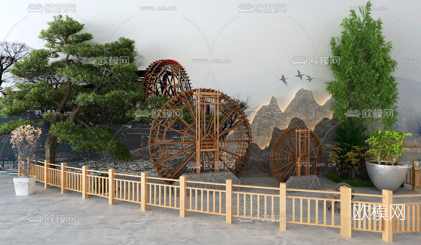 新中式水车假山绿植景观小品3d模型下载