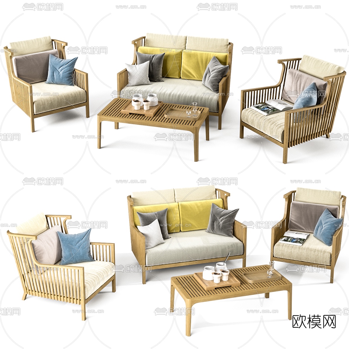 现代实木户外沙发组合3d模型下载